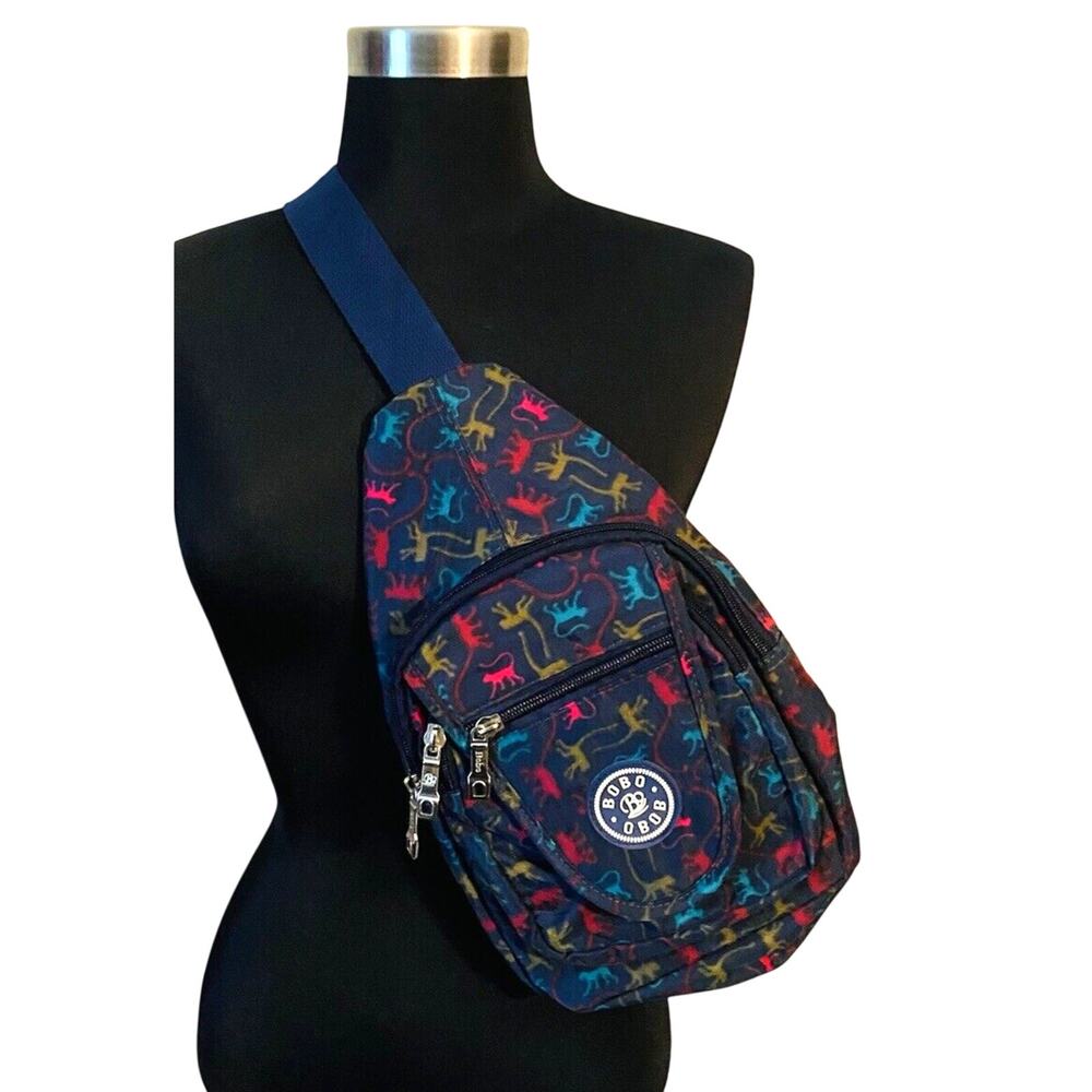 Bobo Obob Monkey Print Sling Backpack Crossbody Bag 4 Pocket Blue Colorful